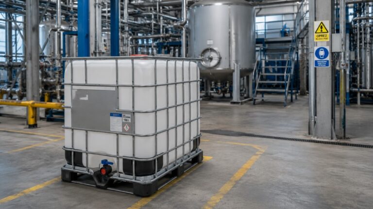IBC kontejner za skladištenje vode i hemikalija u modernom industrijskom pogonu sa cevovodima i rezervoarima